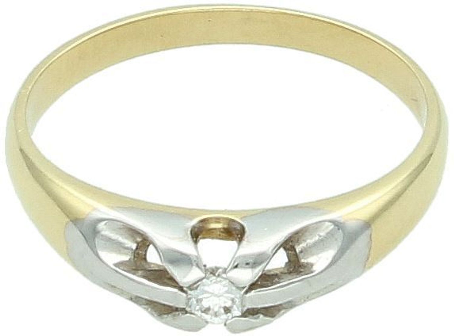 Elegancki pierścionek z żółtego i białego złota 585 z uniesionym diamentem 0,08 ct. Czystość P1, barwa W. Klasyczny styl z certyfikatem autentyczności. Idealny prezent.1.jpg